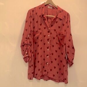 Heart Print Linen Blend Button Front Top